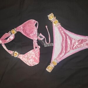 Pink Velvet Bikini with Gold Accents